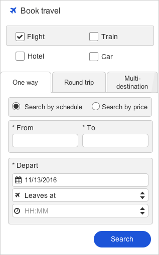 A trip booking form with grouped form content.